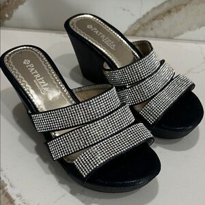Patrizia Black and Silver Crystal Embellished Wedge Sandals